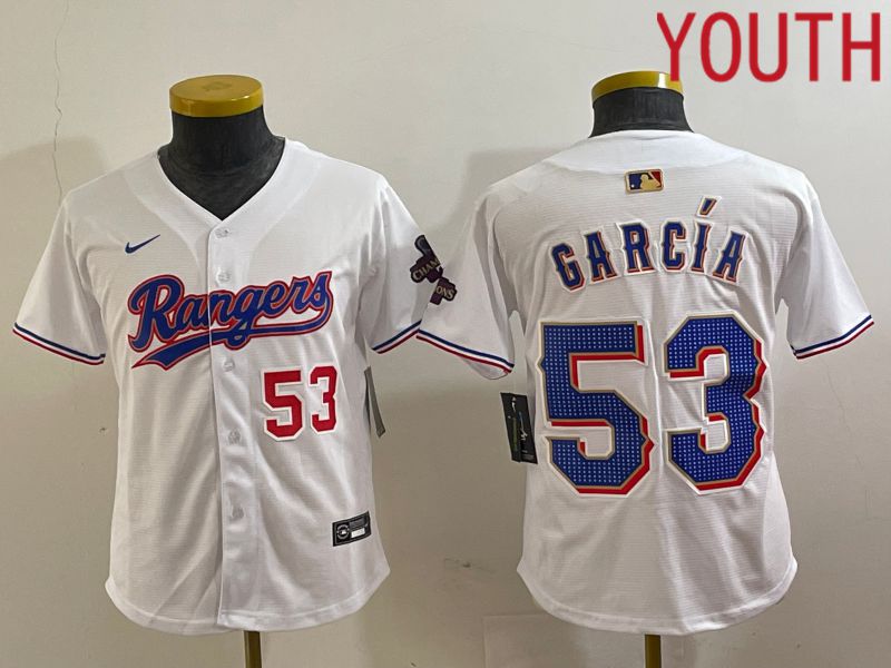 Youth Texas Rangers #53 Garcia White Champion Game Nike 2024 MLB Jersey style 2